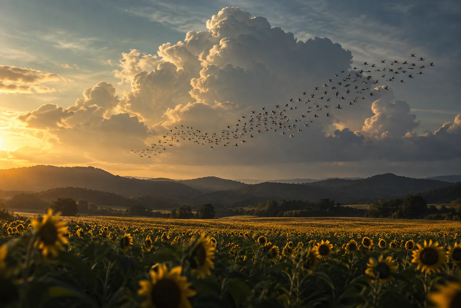 Birds moving together over a golden field beneath evening clouds