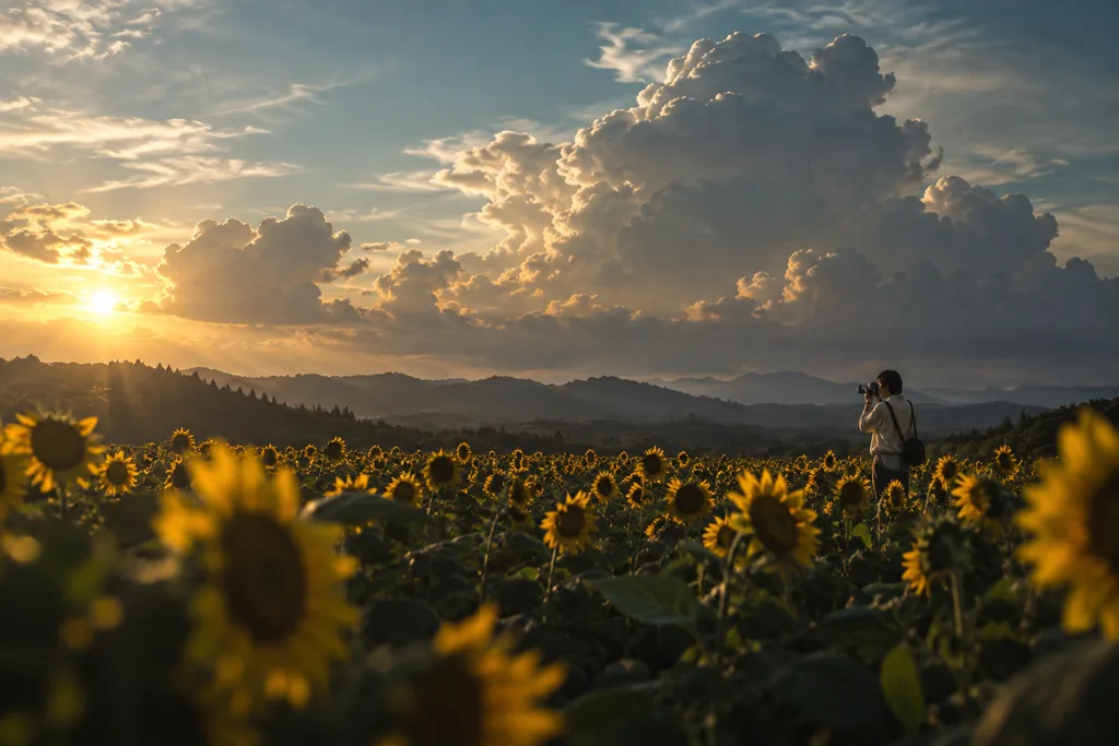 A photographer framing a sunflower meadow in warm evening light