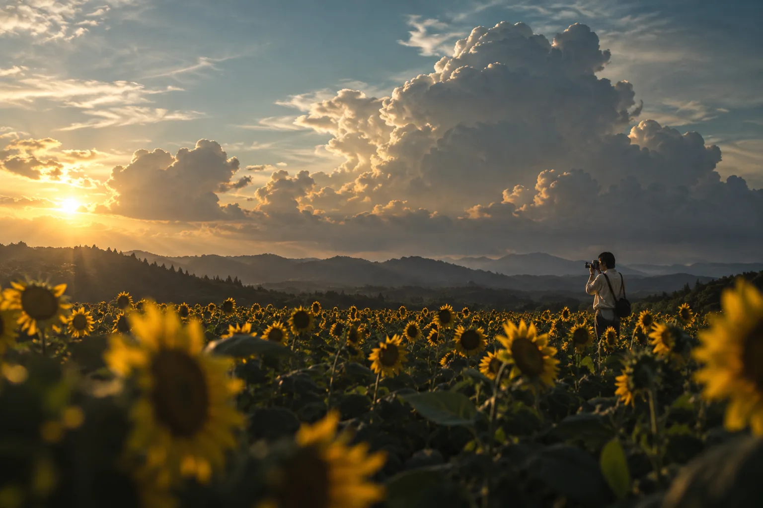 A photographer capturing a sunflower meadow at sunset