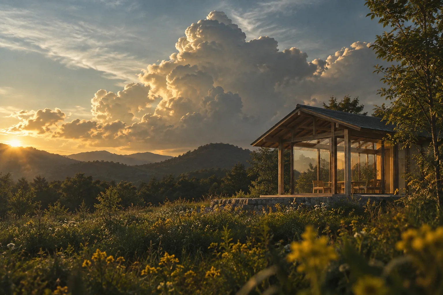 A glass and timber pavilion set within a sunlit meadow